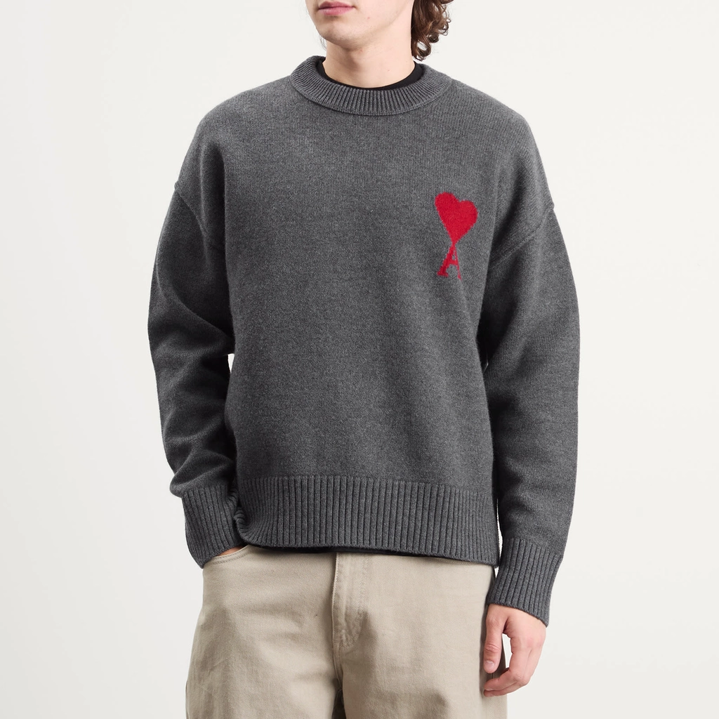 AMI Paris Men's Felted Merino Wool Knit ADC Crew Neck Jumper Gris Chine / Rouge